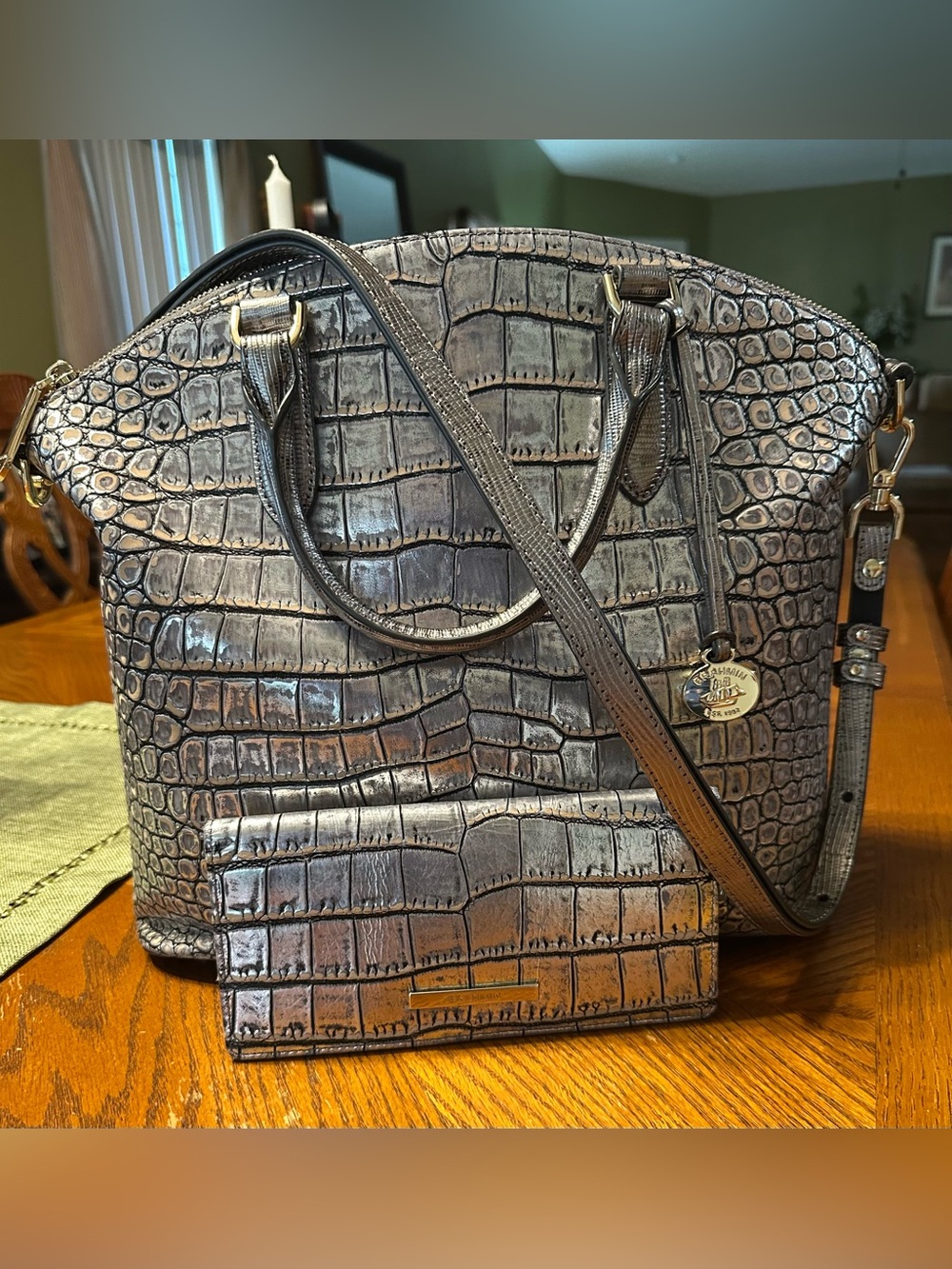 Brahmin Metallic Croco-Embossed Satchel - Silver
